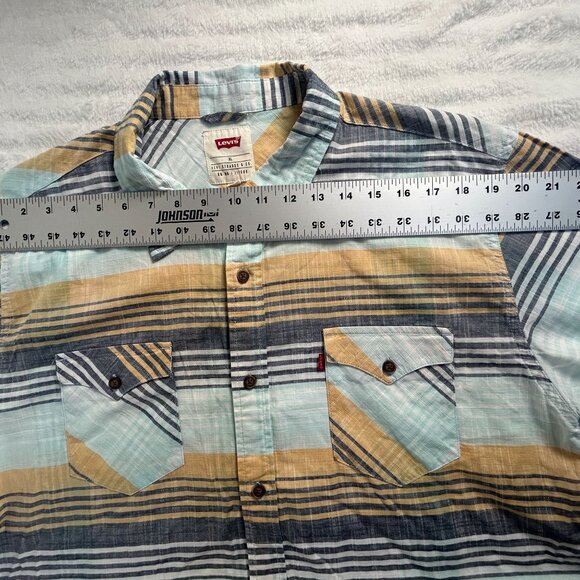 Levi's Men XL Short-Sleeve Button-Up Plaid Shirt 100% Cotton Blue/Yellow Pockets - Picture 6 of 8
